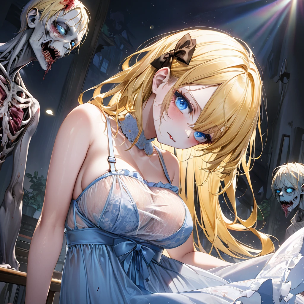 (finely detailed beautiful eyes and detailed zombie face,masterpiece sidelighting,masterpiece,best quality,detailed,high resolution illustration),, (1 depraved girl,whole body,sundress,lustrous skin,looking down,looking at viewer),, (yellow hair,blue eyes,ribbon, sheer clothes), (clothed_underbust:1.2),underboob