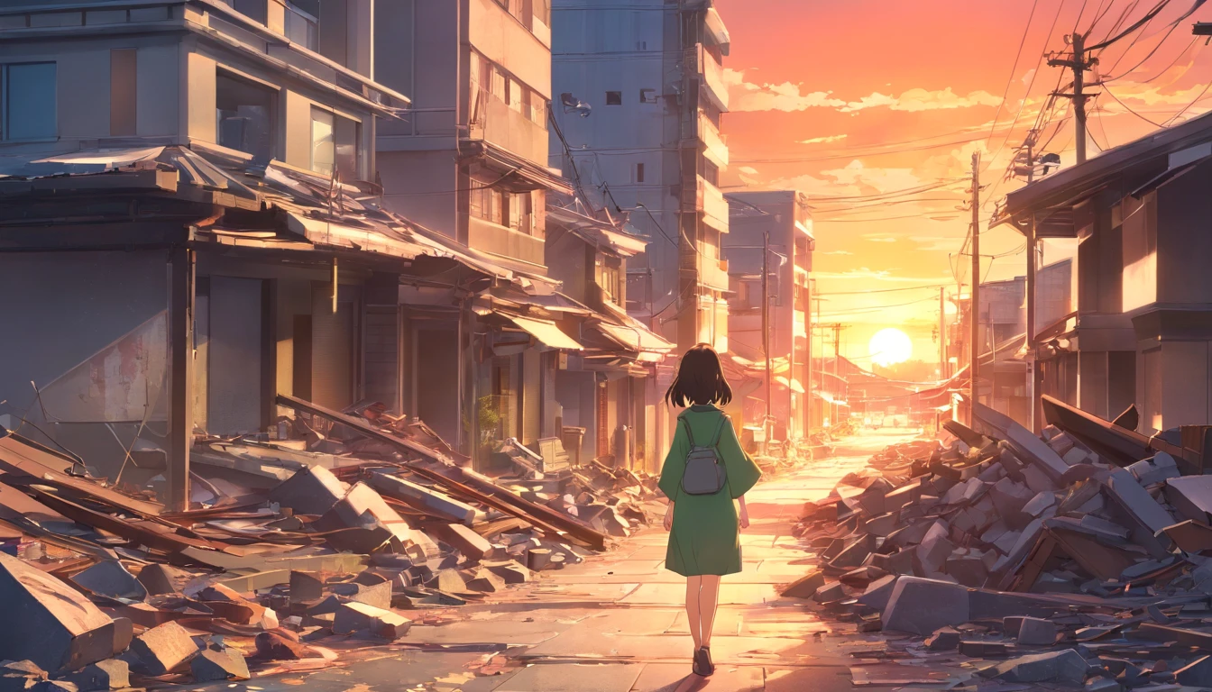 Sunset, the Great East Japan Earthquake, a seen from behind looking at rubble and destruction. A somber yet hopeful atmosphere, moving forward. Rendered in high-quality 8k resolution, HDR, cinematic lighting, and sharp focus, detailed and intricate. The Palestine flag is prominently featured.