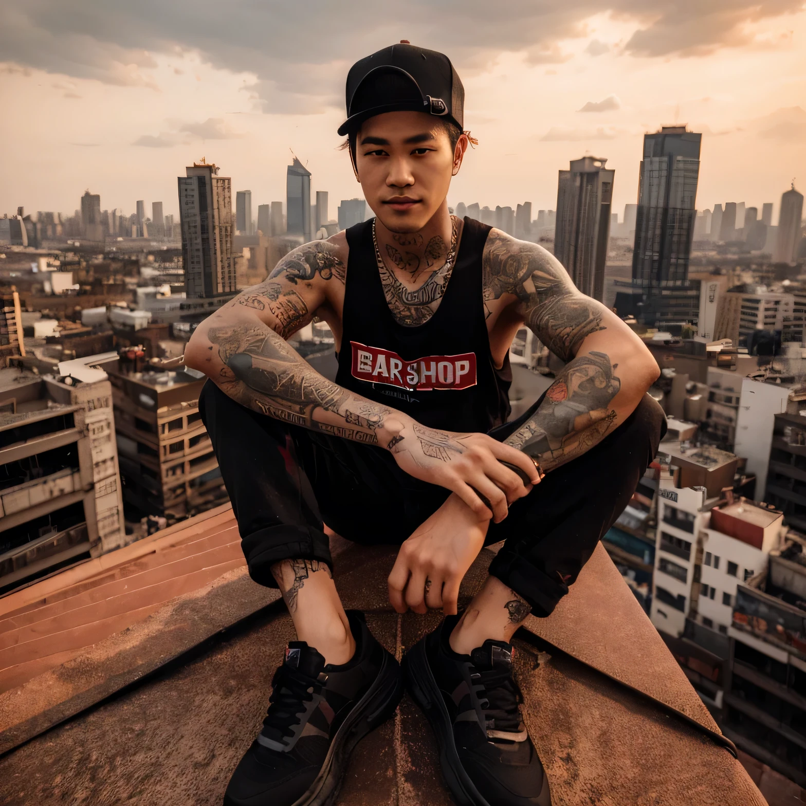 Portrait taken from the side, professional photography, full color, wide angle, a handsome Korean man with snapback, ideal height, wearing a black tank top label "BARSHOP", trousers …, sneakers, full of tattoos on his arms, rapper style, sitting on the top of the roof  "a tall building, its legs seem to be dangling, the view of the metropolitan city in front of it, the sky looks red, a sharp look at the camera, smiling at the camera,real photo