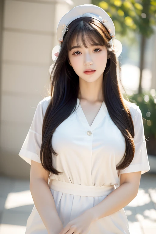 (masterpiece, best quality, realistic,photorealistic:1.5),
Photography,middle shot, Full body,clear, beautiful girl, bangs hairstyle, in a white nurse uniform, hat,holding big syringe, preparing for injection, the hospital, realistic,clean, calm atmosphere, shady, focused, bright light, Bokeh, UHR Realistic image