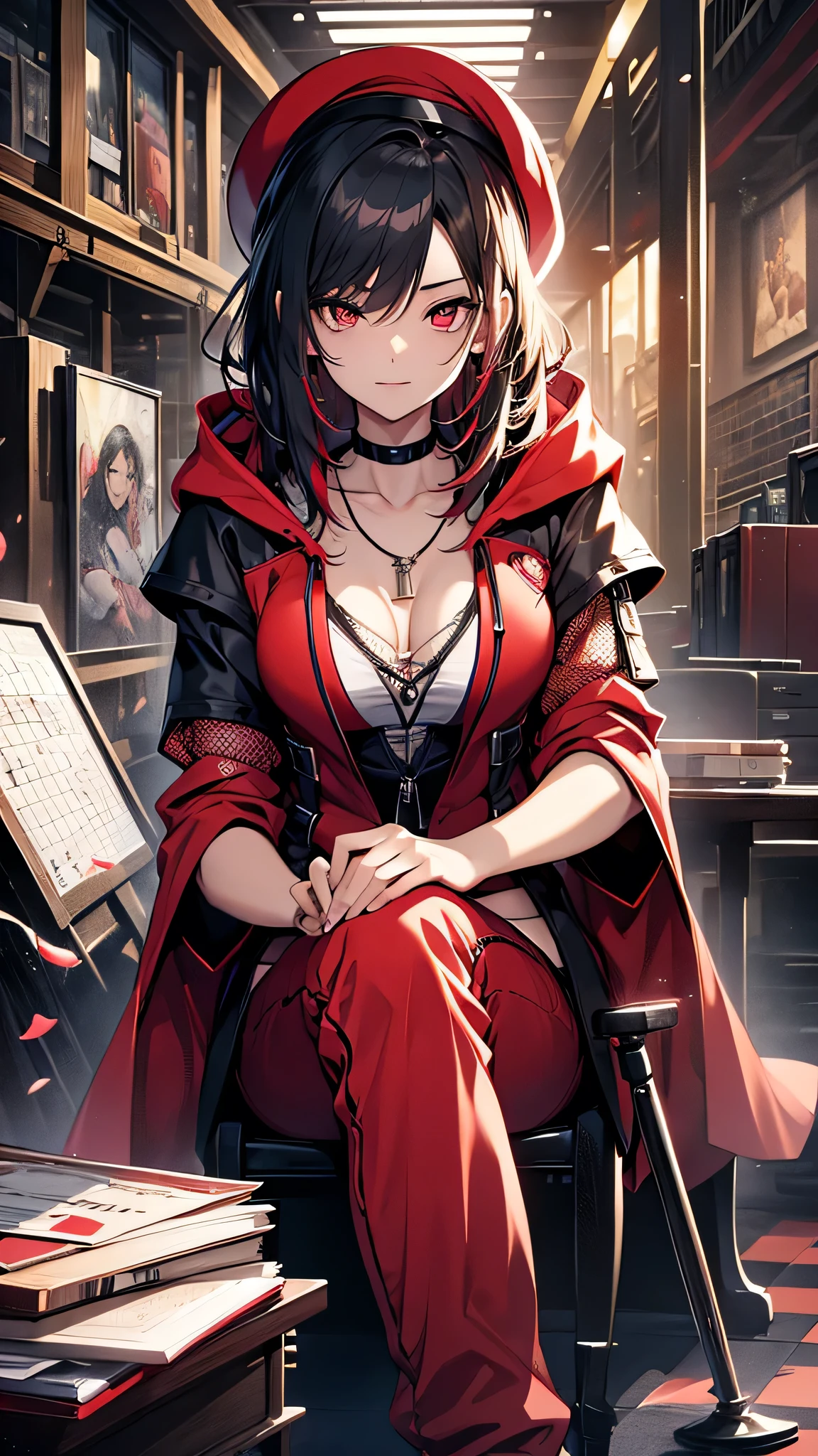 Highest quality、Highest quality、Masterpiece、girl((Metal body,Age 25、as soon as、Highest Bust、Medium Bust、Wide open chest、Red glowing eyes、Black Ear、Red Mesh、Disheveled Hair、Loincloth、thin、The best valley、Open chest、Red Cape、hair ornaments、Full body view、Black short-sleeved hoodie、Red pants、Ruby Necklace、No underwear、hat,Intoxication、Sit on a chair、Crossing your legs))、high quality、Beautiful Art、background((night、Red room、Cool chair,Cool chess board、table、red wine))、flight、Flying Debris、Depth of text、movie、Visual Arts、Perfect Art、8K、Genuine、