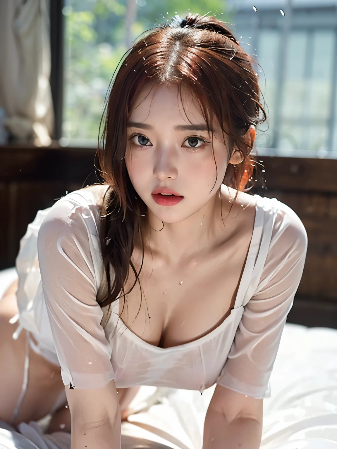 (Leica 10772 M-P, 85mm macro lens, F/8 aperture, film still), (RAW shooting, Photoreal:1.5, 8K, highest quality, masterpiece, ultra high resolution), bed room, Highly detailed skin and facial textures:1.2, Japanese girl, (Fox eyes:1.2), 32 years old, Fair skin, white skin, Emphasize the cleavage, (high pony tail hair:1.3), blunt bangs, (red hair:1.3), (silk dress:1.3), (super tight dress:1.3), (Bra and Garter Belt Set see-through:1.2), (rain drips all over my body:1.2, wet body:1.4, wet blond hair:1.3), grin, squinting dazzlingly, milk, milky white, beautiful brown eyes, Beautiful collarbone, (sweat like a pig:1.3), colossal tits, (seductively posing on all fours on a bed:1.3), looking up flirtatiously