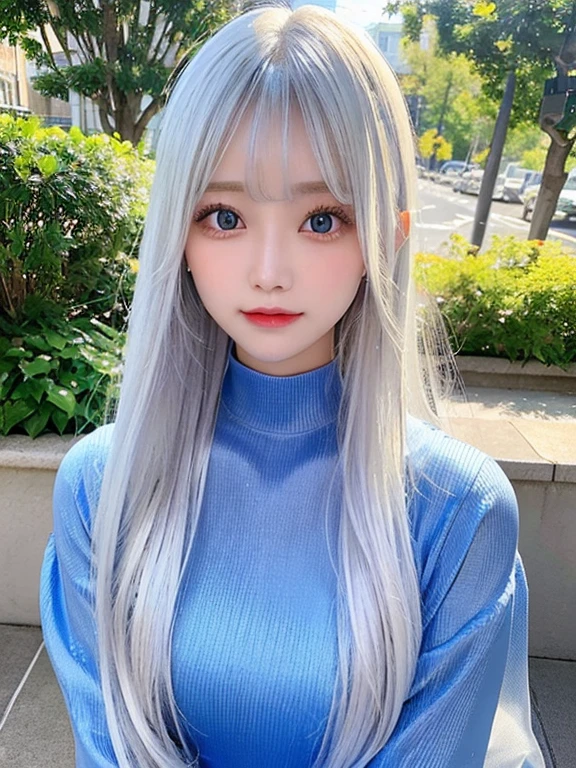 Single Girl, , Blue sky, Bright and beautiful face, Younger, brighter and glowing skin, Best Looks, Platinum hair reflects the dazzling light, Beautiful platinum blonde extra long silky straight hair with shiny shine, Long bangs, very beautiful 17 years old, The big eyes are shining with transparent light blue light, Beautiful wonderful beautiful girl