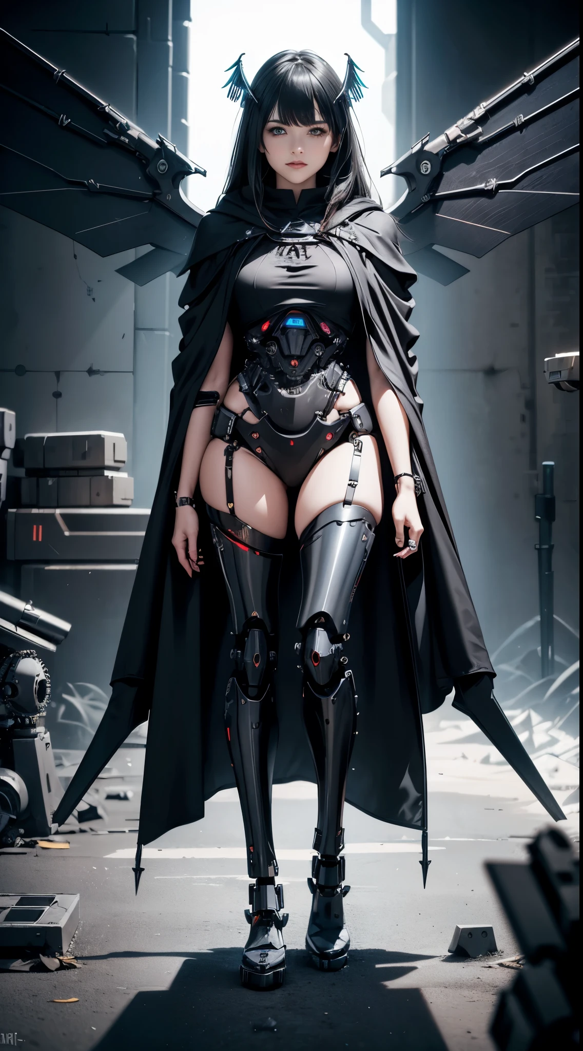 hll,evil female cyborg with (mechanical wings:1.4) wearing (black robes:1.2) (cloak:1.2),mechanical legs,