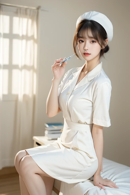 (masterpiece, best quality, realistic,photorealistic:1.5),
Photography,middle shot, Full body,clear, beautiful girl,short bangs hairstyle, in a white nurse uniform, hat,holding big syringe, preparing for injection, the hospital, realistic,clean, calm atmosphere, shady, focused, bright light, Bokeh, UHR Realistic image