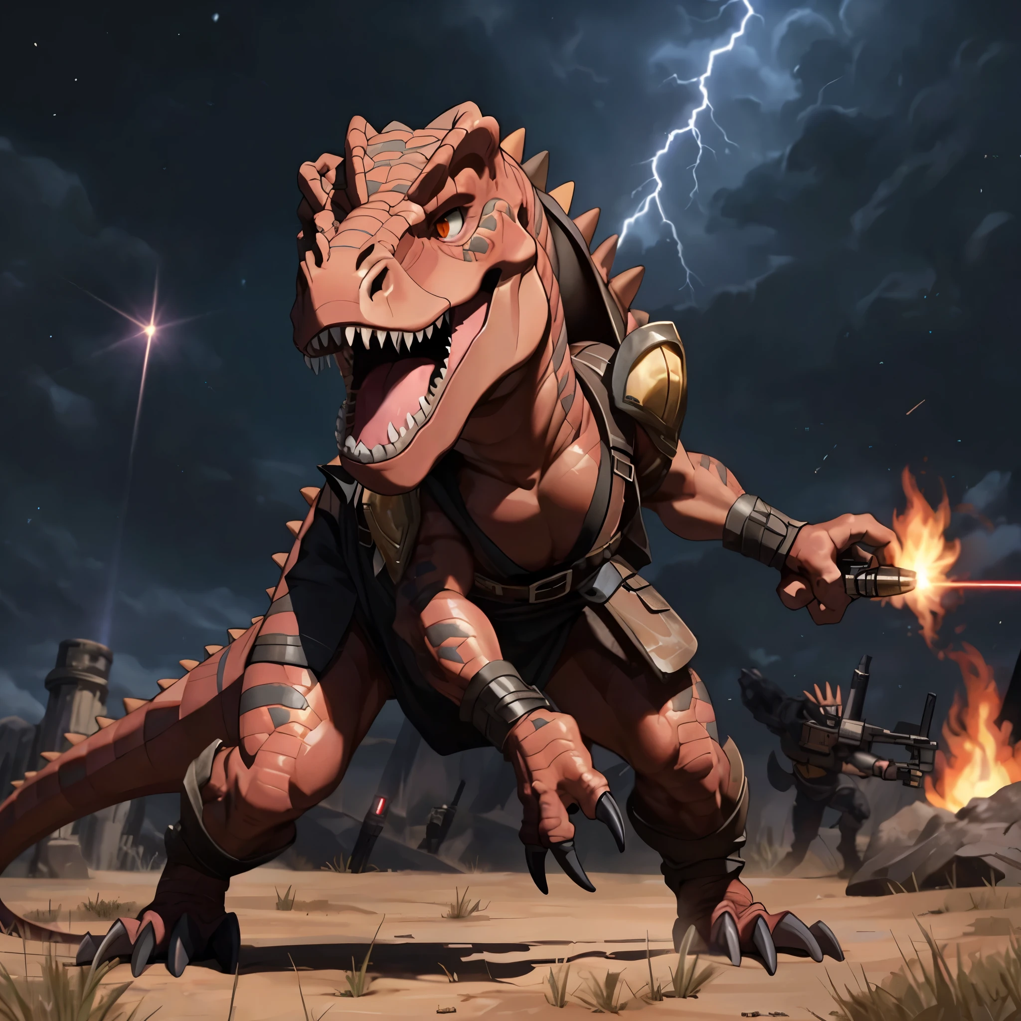 (((dinosaur character, full body, cinematic setting, lizard male))) 

Here I come, drop your jaws to the floor
I'm riding on my (((mighty laser-shooting dinosaur))) 
Here we come, can you hear him roar?

Prepare for epic fight and his (((laser missiles)))
The sound is boom, boom, boom for every time a goblin dies
Let's sing now, here we go, hear my battle cries

(((Made of metal))) from the moon
Assembled by samurai
His battery gets charged by thunderstorm
With most advanced AI
Devouring trolls and unicorns
From his maw there comes a flame
Burning away our enemies
And therefore we proclaim

BREAK, detailed background, 8K, (masterpiece:1.5), intricate details, highly detailed, extreme detail, octane render, fine art, best quality, highres, (detailed face:1.5), ((full_body)), UHD, (((perfect hands))), low light