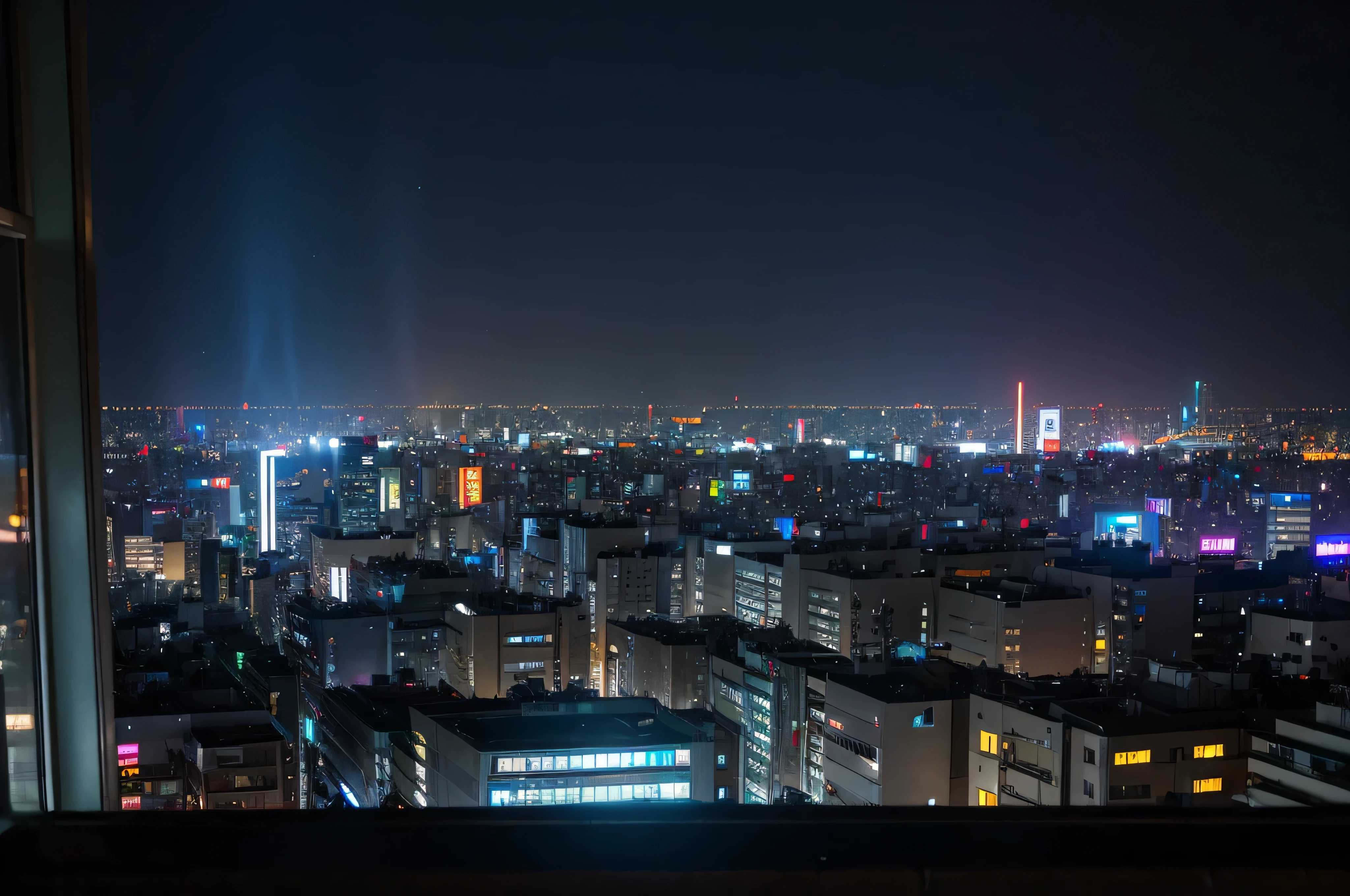 arafed view of a city at night from a bedroom with a large window, set in tokyo rooftop, cyberpunk bedroom at night, futuristic cyberpunk tokyo night, bladerunner apartment, on future tokyo night rooftop, heavy rainning at tokyo night, tokyo anime scene, on tokyo cyberpunk night rooftop, tokyo futuristic and clean, the cyberpunk apartment, tokyo inspired, neo tokyo background