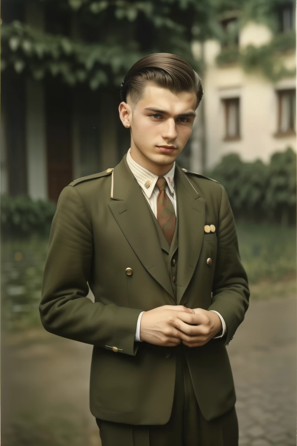 Poland, 1942. A young ((((24-year-old)) Lale Sokolov)), young man, ((sad, scared expression)), ((((clothings from the 1940s)))), ((hairstyle of the 1940s)), ((colorful, Monet))