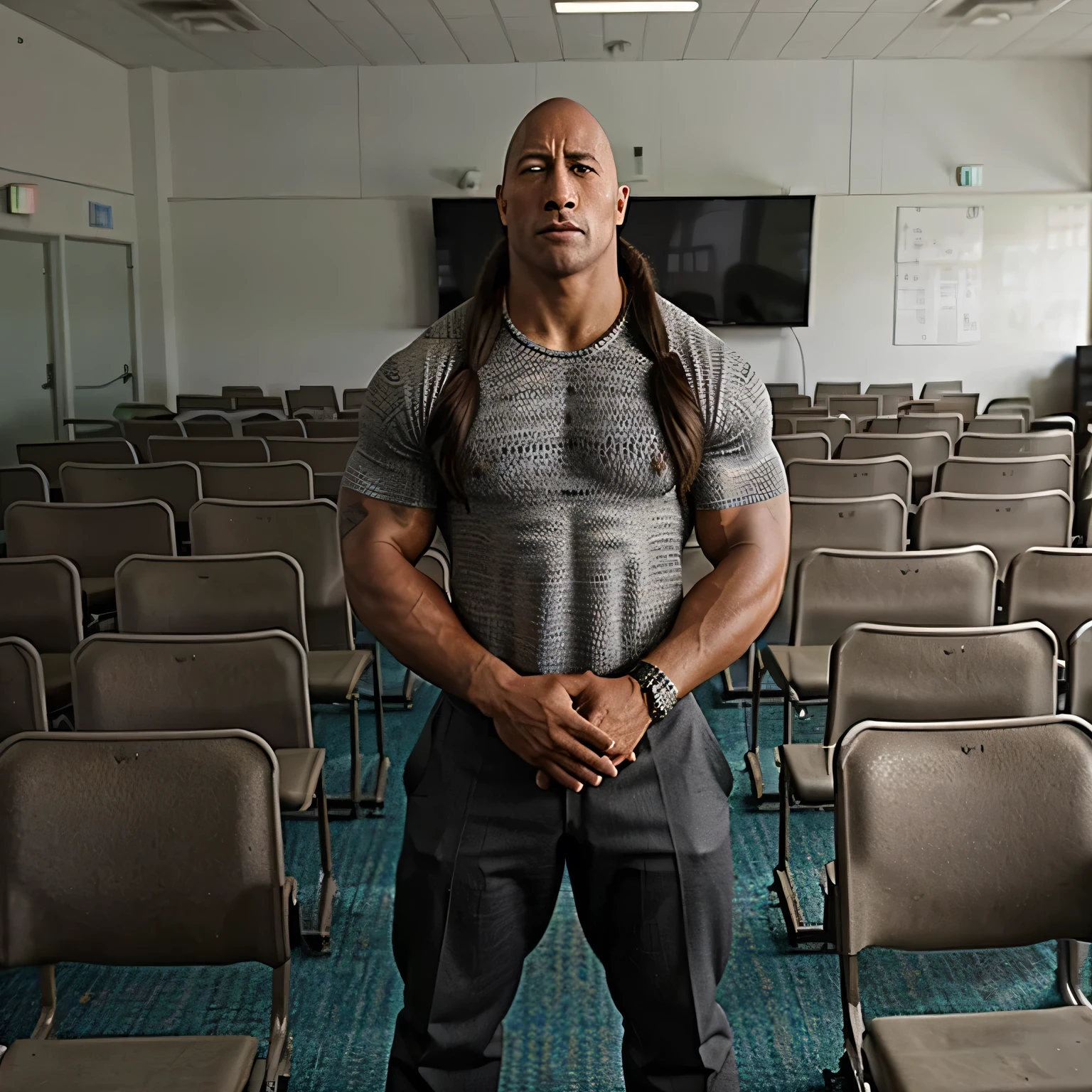 1donkey,Dwayne Johnson has long hair and wearing ladies clothes.He is in emptyclassroom standing alone.There is a donkey behind him,full body shot,Sad face