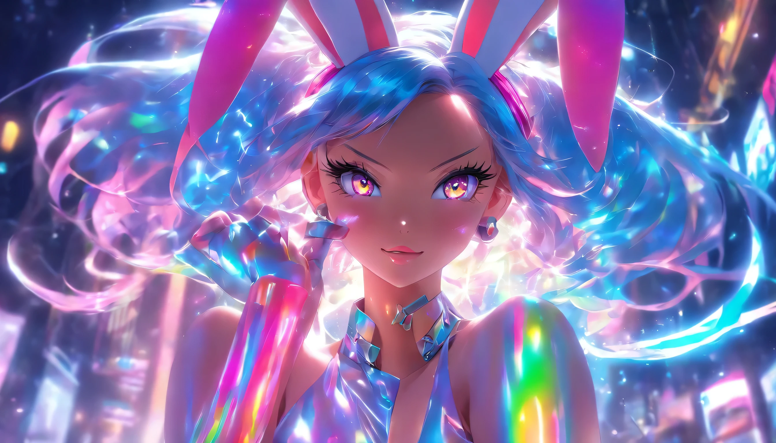 Transparent color PVC clothing, Transparent colorful vinyl Bunny girl, Prismatic, Holographic, chromatic aberration, Fashion Illustration, masterpiece, DJ Girl, View Viewer, 8k, Super detailed, Pixiv、((Colorful Hair))、Wearing headphones、((Full Body))、((Strike a Pose))、((Bunny girl))、(((Long legs)))、((Big Breasts))、(((Very sexy)))