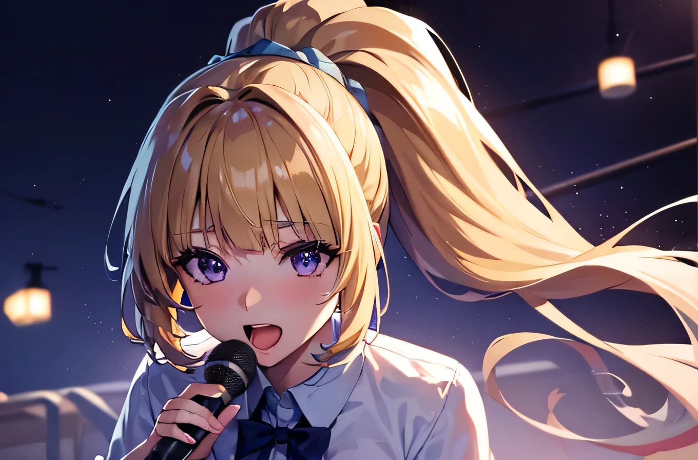 high resolution, top-quality, ultra-quality, The ultra-detailliert, perfect anatomy, lighting like a movie, lips, a beautiful young woman (Kei Karuizawa ) singing karaoke, singing, open mouth, blonde hair, ponytail hairstyle, violet eyes, cowboy shot, spotlight lightning, good mood, mic stands, stage, stage vibes, concert