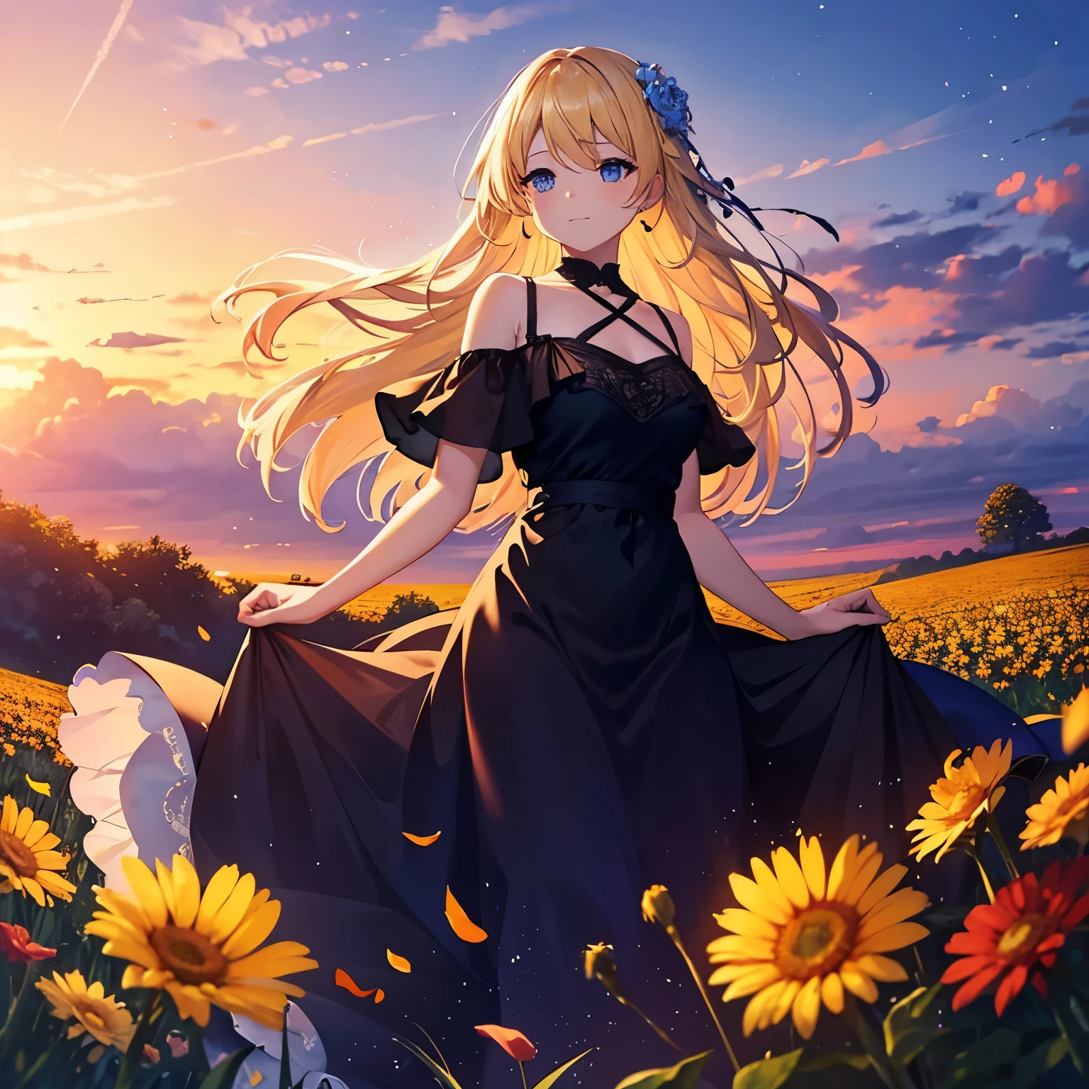 A woman, beautiful dress, sunset, shoulders, outside, flower field, slight smile, blond hair, blue eyes.