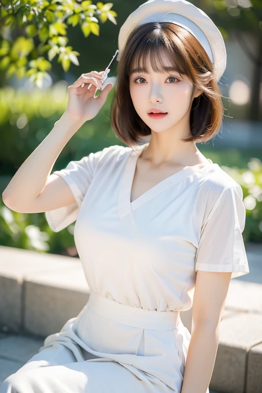 (masterpiece, best quality, realistic,photorealistic:1.5),
Photography,middle shot, Full body,clear, beautiful girl,short bangs hairstyle, in a nurse uniform, hat,holding big syringe, preparing for injection, the hospital, realistic,clean, calm atmosphere, shady, focused, bright light, Bokeh, UHR Realistic image