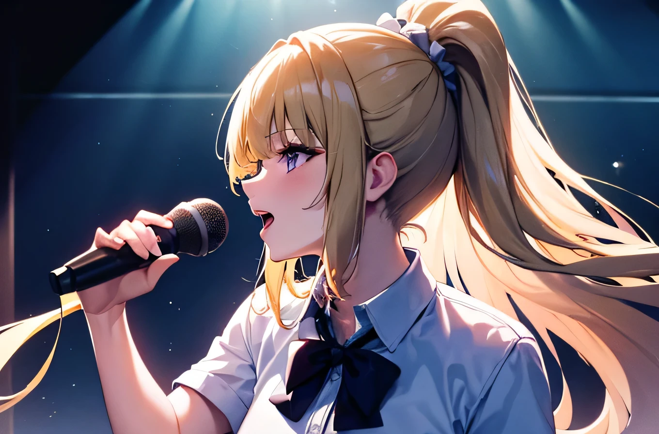 high resolution, top-quality, ultra-quality, The ultra-detailliert, perfect anatomy, lighting like a movie, lips, a beautiful young woman (Kei Karuizawa ) singing karaoke, singing, open mouth, blonde hair, ponytail hairstyle, violet eyes, cowboy shot, spotlight lightning, good mood, mic stands, stage, stage vibes, concert 