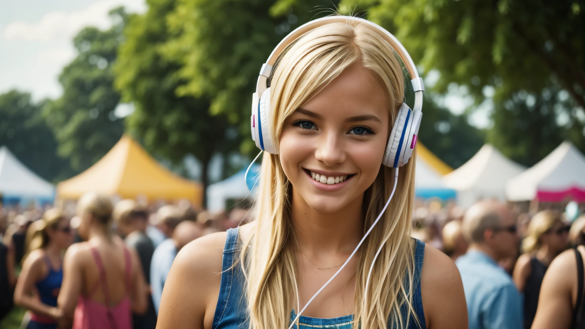 blond girl on a festival beatiful colours with headphones, cinematic bokey, high quality smiling