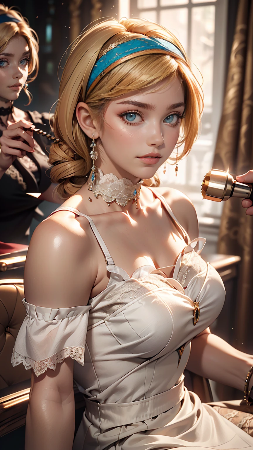 (8K, RAW Photos, highest quality, masterpiece:1.2), (Realistic, photo-Realistic:1.37)、Venus Body、Having her hair done、My chest is popping out、Wear accessories on your wrist、Wearing accessories on the ankle、Background blur((depth of field)、smile、White woman、Platinum Blonde、blue eyes、Vertical roll on one side((side drill))、Wear a lace-embellished one-shoulder dress、Wear mules、smile、Headband((hairband))、Wear a lace choker、Colored eyelashes((colored eyelashes))