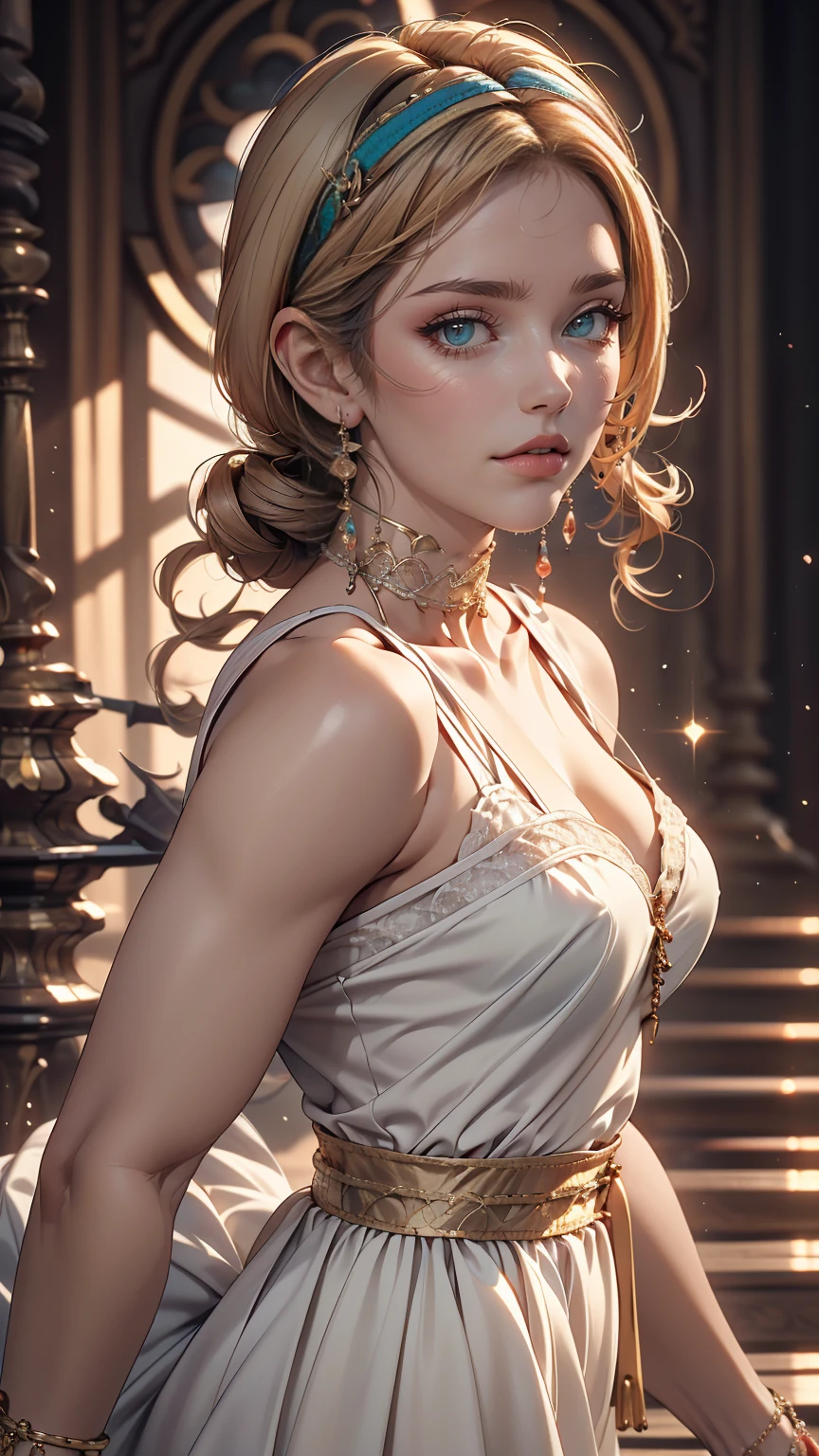 (8K, RAW Photos, highest quality, masterpiece:1.2), (Realistic, photo-Realistic:1.37)、Venus Body、Having her hair done、My chest is popping out、Wear accessories on your wrist、Wearing accessories on the ankle、Background blur((depth of field)、smile、White woman、Platinum Blonde、blue eyes、Vertical roll on one side((side drill))、Wear a lace-embellished one-shoulder dress、Wear mules、smile、Headband((hairband))、Wear a lace choker、Colored eyelashes((colored eyelashes))
