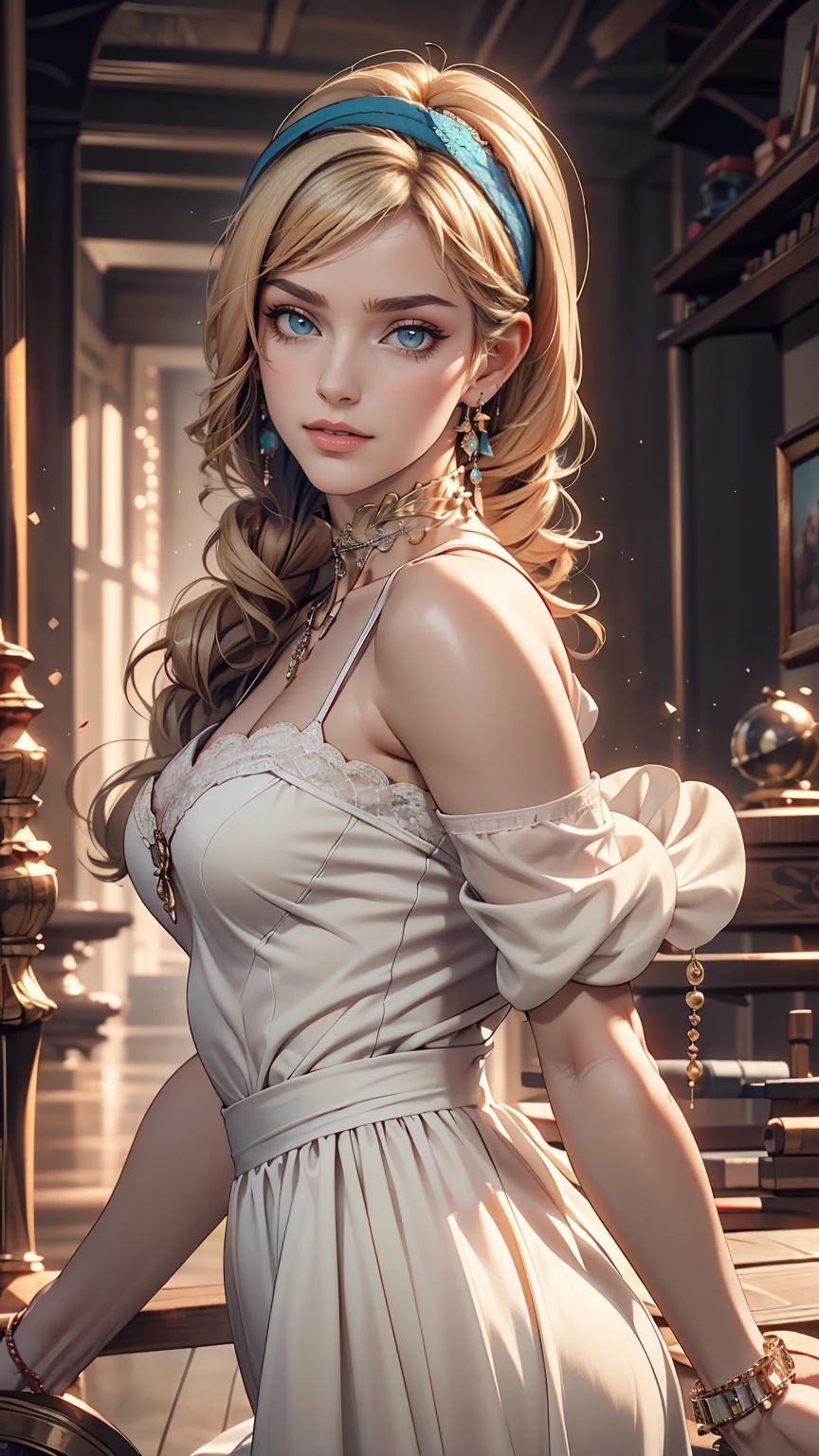 (8K, RAW Photos, highest quality, masterpiece:1.2), (Realistic, photo-Realistic:1.37)、Venus Body、Having her hair done、My chest is popping out、Wear accessories on your wrist、Wearing accessories on the ankle、Background blur((depth of field)、smile、White woman、Platinum Blonde、blue eyes、Vertical roll on one side((side drill))、Wear a lace-embellished one-shoulder dress、Wear mules、smile、Headband((hairband))、Wear a lace choker、Colored eyelashes((colored eyelashes))