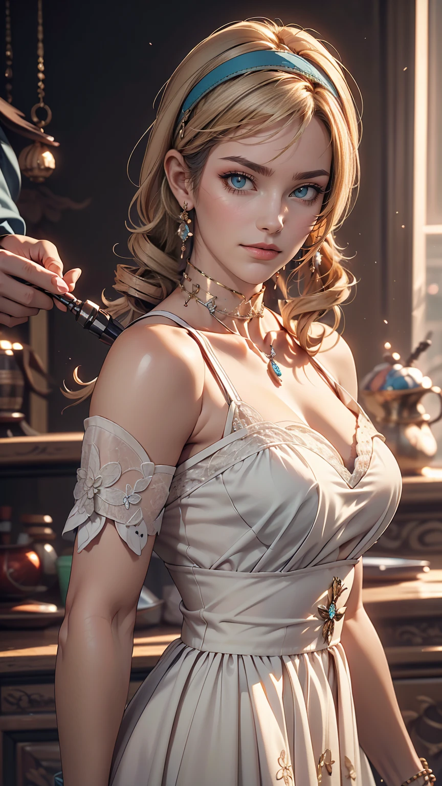 (8K, RAW Photos, highest quality, masterpiece:1.2), (Realistic, photo-Realistic:1.37)、Venus Body、Having her hair done、My chest is popping out、Wear accessories on your wrist、Wearing accessories on the ankle、Background blur((depth of field)、smile、White woman、Platinum Blonde、blue eyes、Vertical roll on one side((side drill))、Wear a lace-embellished one-shoulder dress、Wear mules、smile、Headband((hairband))、Wear a lace choker、Colored eyelashes((colored eyelashes))