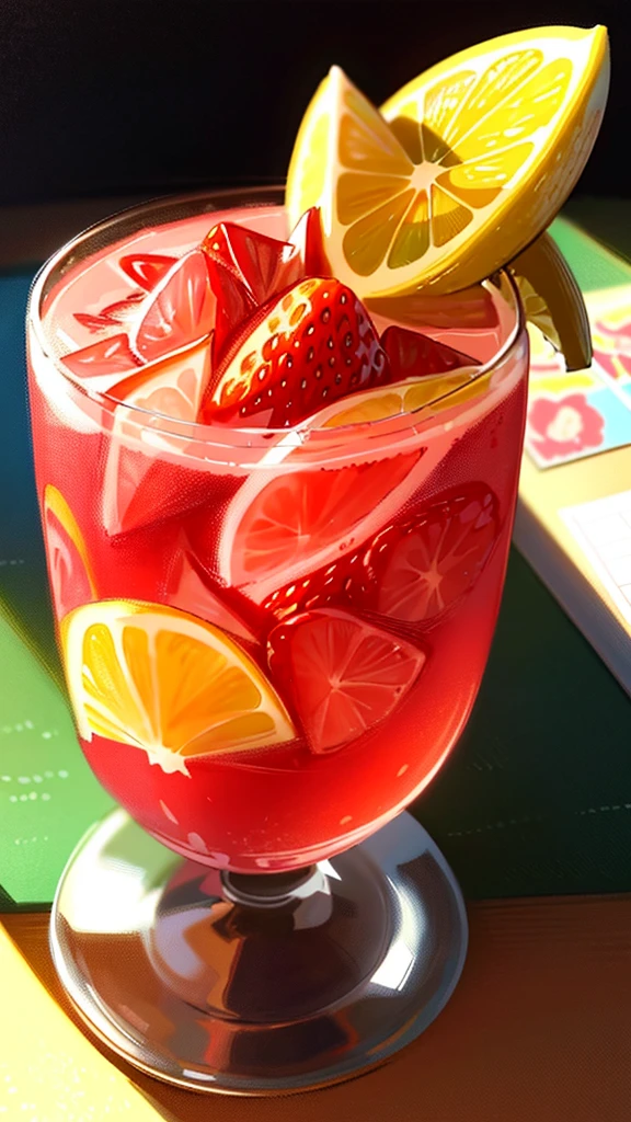 Strawberry Mojita with lemon and strawberry, Full color illustration, Highly detailed illustrations, Higher-detail illustrations, Full color digital illustration, Digital display, Highly detailed illustrations.", Highly detailed illustrations, Realistic illustrations, Made with Illustrator, rendered illustration, Highly detailed illustrations, Ultra-realistic illustrations, Amazing Food Illustration, Commercial illustration, Realistic illustrations,Sharp,Shot with a DSLR camera