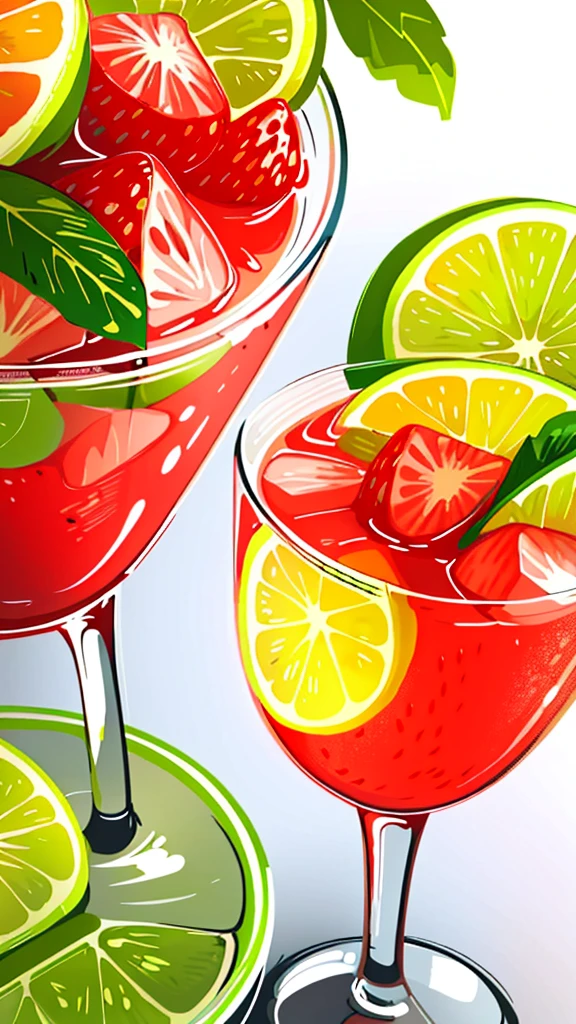 Strawberry Mojita with lemon and strawberry, Full color illustration, Highly detailed illustrations, Higher-detail illustrations, Full color digital illustration, Digital display, Highly detailed illustrations.", Highly detailed illustrations, Realistic illustrations, Made with Illustrator, rendered illustration, Highly detailed illustrations, Ultra-realistic illustrations, Amazing Food Illustration, Commercial illustration, Realistic illustrations,Sharp,Shot with a DSLR camera