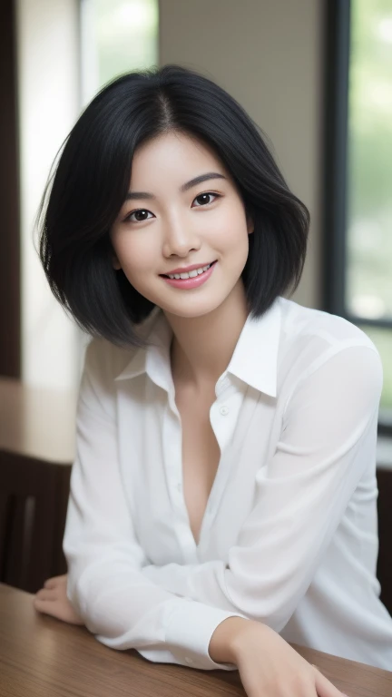 ((8K:1.27、best quality、masterpiece、Ultra-high resolution:1.2))、 beautiful taiwanese woman、1 girl、Dark brown silk shirt、、Black Hair、Black eyes、short hair、Beautiful woman、study、warm sunshine、Charming smile、((Perfect anatomical structure、sit at table、Beautiful skin))、Natural body、Professional lighting、Professional photography、Gravure printing