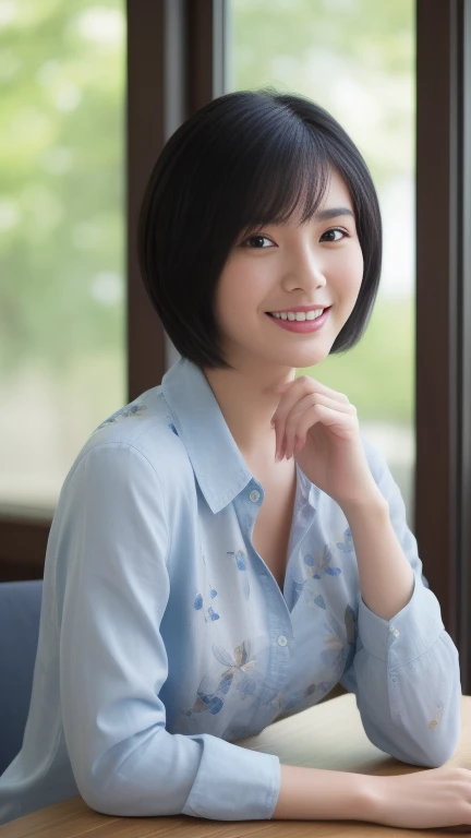 ((8K:1.27、best quality、masterpiece、Ultra-high resolution:1.2))、 beautiful taiwanese woman、1 girl、Dark brown silk shirt、、Black Hair、Black eyes、short hair、Beautiful woman、study、warm sunshine、Charming smile、((Perfect anatomical structure、sit at table、Beautiful skin))、Natural body、Professional lighting、Professional photography、Gravure printing