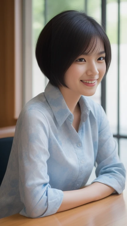 ((8K:1.27、best quality、masterpiece、Ultra-high resolution:1.2))、 beautiful taiwanese woman、1 girl、Dark brown silk shirt、、Black Hair、Black eyes、short hair、Beautiful woman、study、warm sunshine、Charming smile、((Perfect anatomical structure、sit at table、Beautiful skin))、Natural body、Professional lighting、Professional photography、Gravure printing