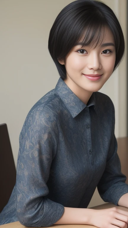 ((8K:1.27、best quality、masterpiece、Ultra-high resolution:1.2))、 beautiful taiwanese woman、1 girl、Dark brown silk shirt、、Black Hair、Black eyes、short hair、Beautiful woman、study、warm sunshine、Charming smile、((Perfect anatomical structure、sit at table、Beautiful skin))、Natural body、Professional lighting、Professional photography、Gravure printing