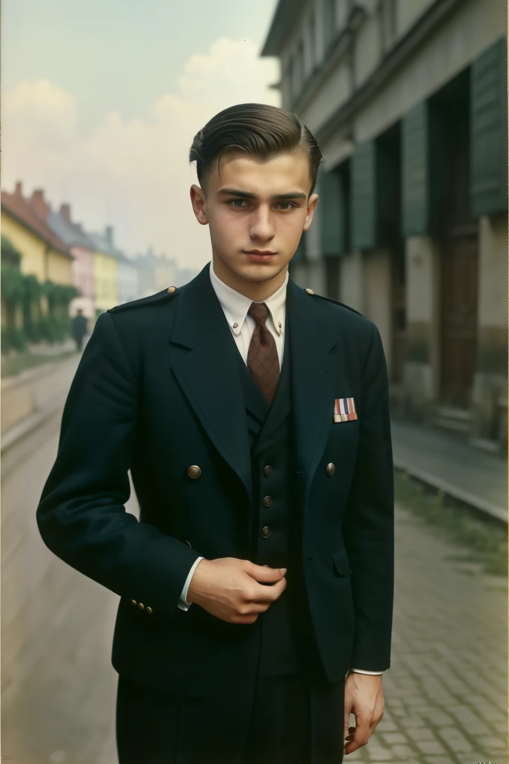 Poland, 1942. A young ((((24-year-old)) Lale Sokolov)), young man, ((sad, scared expression)), ((((clothings from the 1940s)))), ((hairstyle of the 1940s)), ((colorful, Monet))