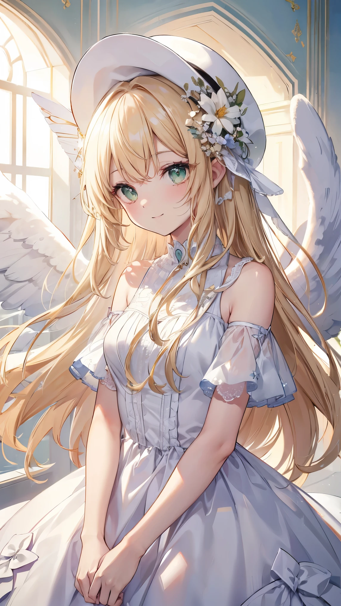 Very long hair、Blonde、Detailed sparkly eyes、Green Eyes、Three pairs of angel wings、Angel halo on head,smile、Embarrassing、shine、reflected light、Film Grain、masterpiece、Textured Skin、Super Detail、High Detail、high quality、最high quality、High Resolution、16k、shine、White dress、race,Frills,White Hat、Flower Field,Cosmos