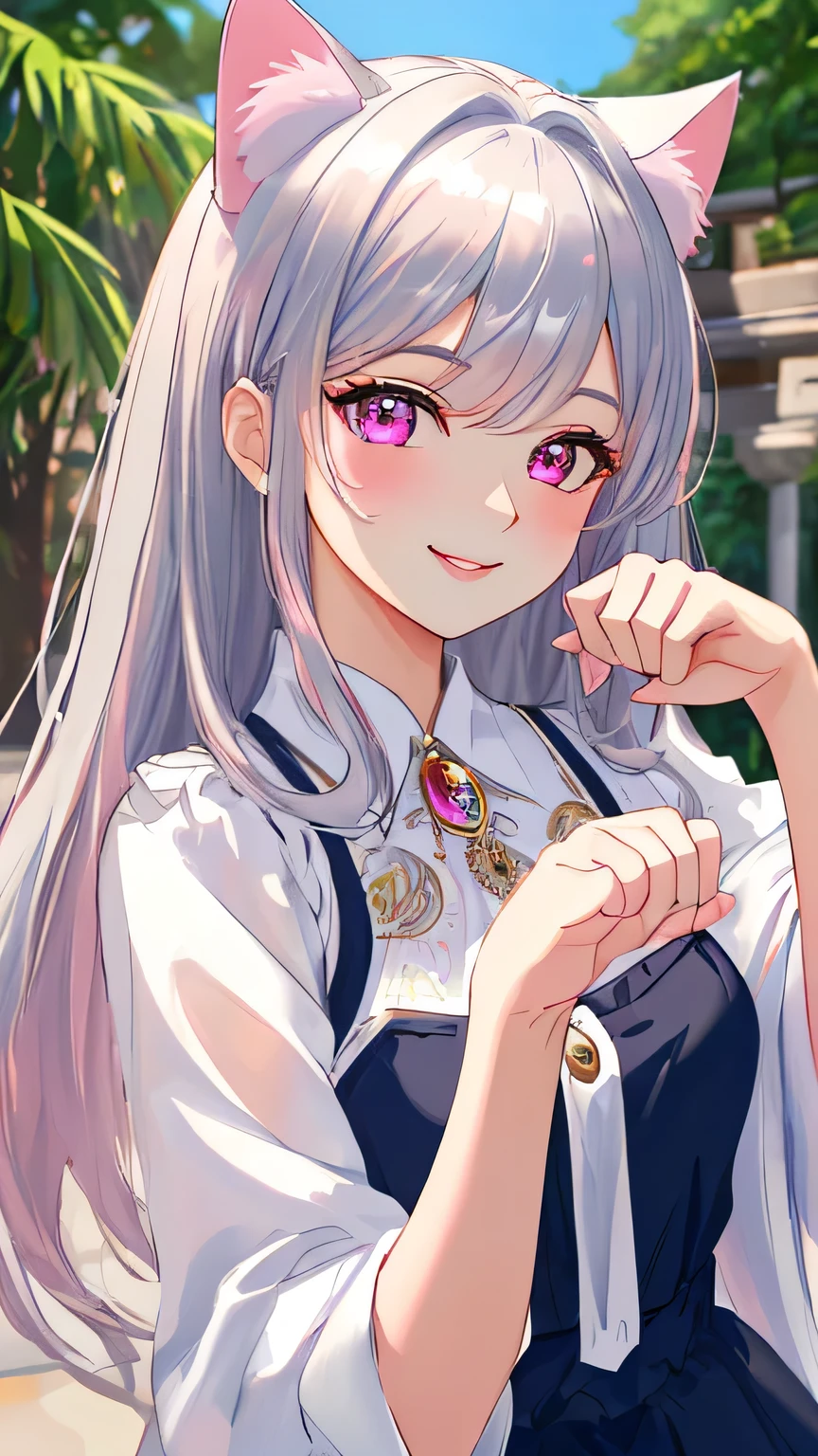 master piece,best quality,ultra detailed,highres,4k.8k,Highly detailed face,ultra-detailed eyes,beautiful detailed eyes,Medium chest,pretty girl,smile,Cat ear,Beautiful silver hair,Pink inside,Beautiful pink eyes,from front,upper body,smile,happy,paw pose,blue clear sky,