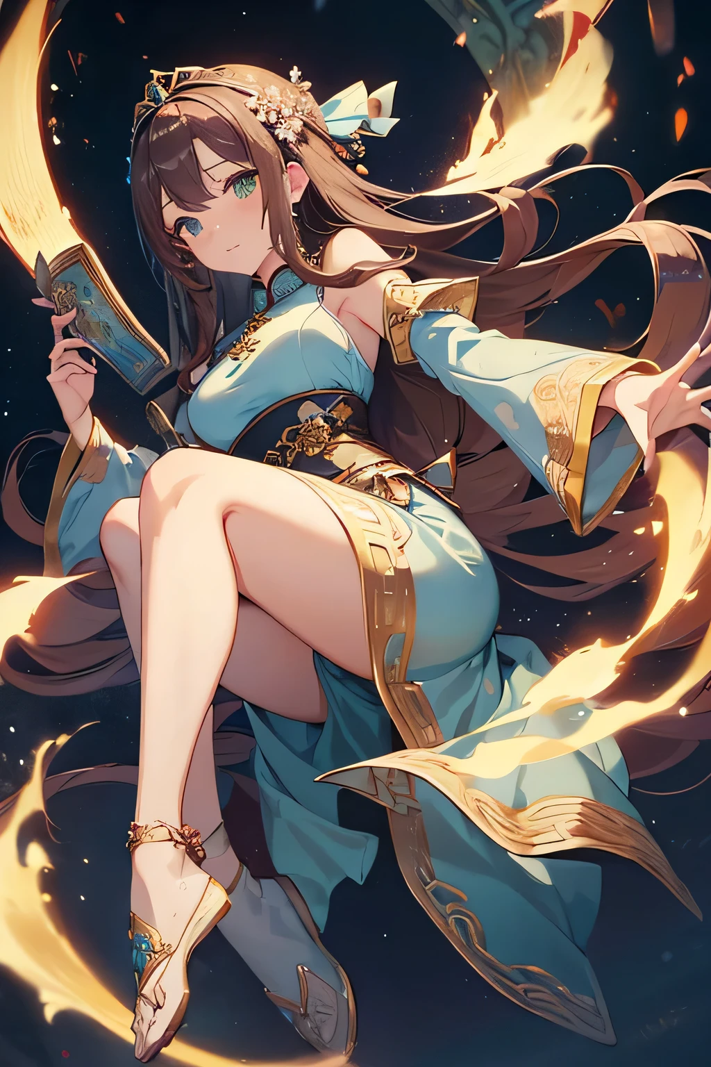 ((best quality)), ((masterpiece)), (detailed), 4k,high resolution,A woman,brown hair,long hair,Green Eyes,Large Breasts,Chinese bard,Light blue fantasy cheongsam dress,Remove sleeves,princess tiara,jewel embellishment,Ancient Chinese Villages,Full body to feet photos,Simple screen colors