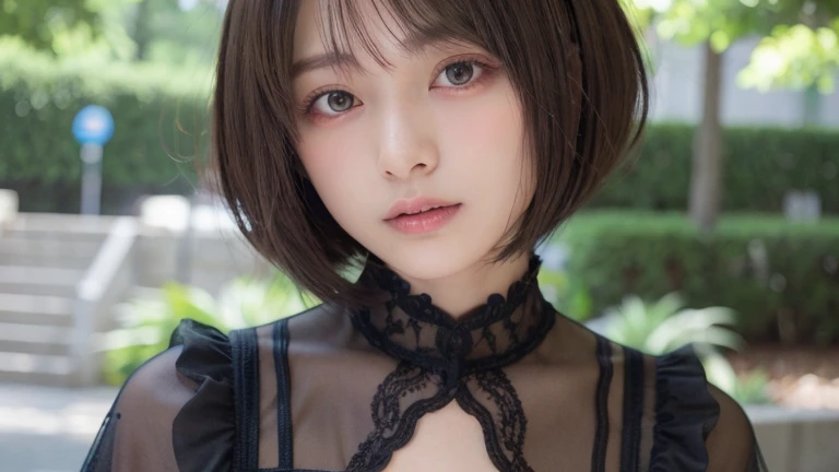 (Bob Cut Hair:1.2),(Wearing Gothic Lolita clothes:1.2),1 girl,Japanese,21 years old,(Small breasts:1.3),(highest quality,masterpiece:1.3,超A high resolution,),(Ultra-detailed,Caustics),(Photorealistic:1.4,RAW shooting,)Ultra-Realistic Capture,Very detailed,High resolution 16K human skin close-up。 Natural skin texture、,Pores、、It needs to be detailed enough to be easily identifiable。 Skin should be even-toned and healthy looking。 Use natural light and colour, Sad expression, Looking at the camera, Perfect dynamic composition, Outdoor