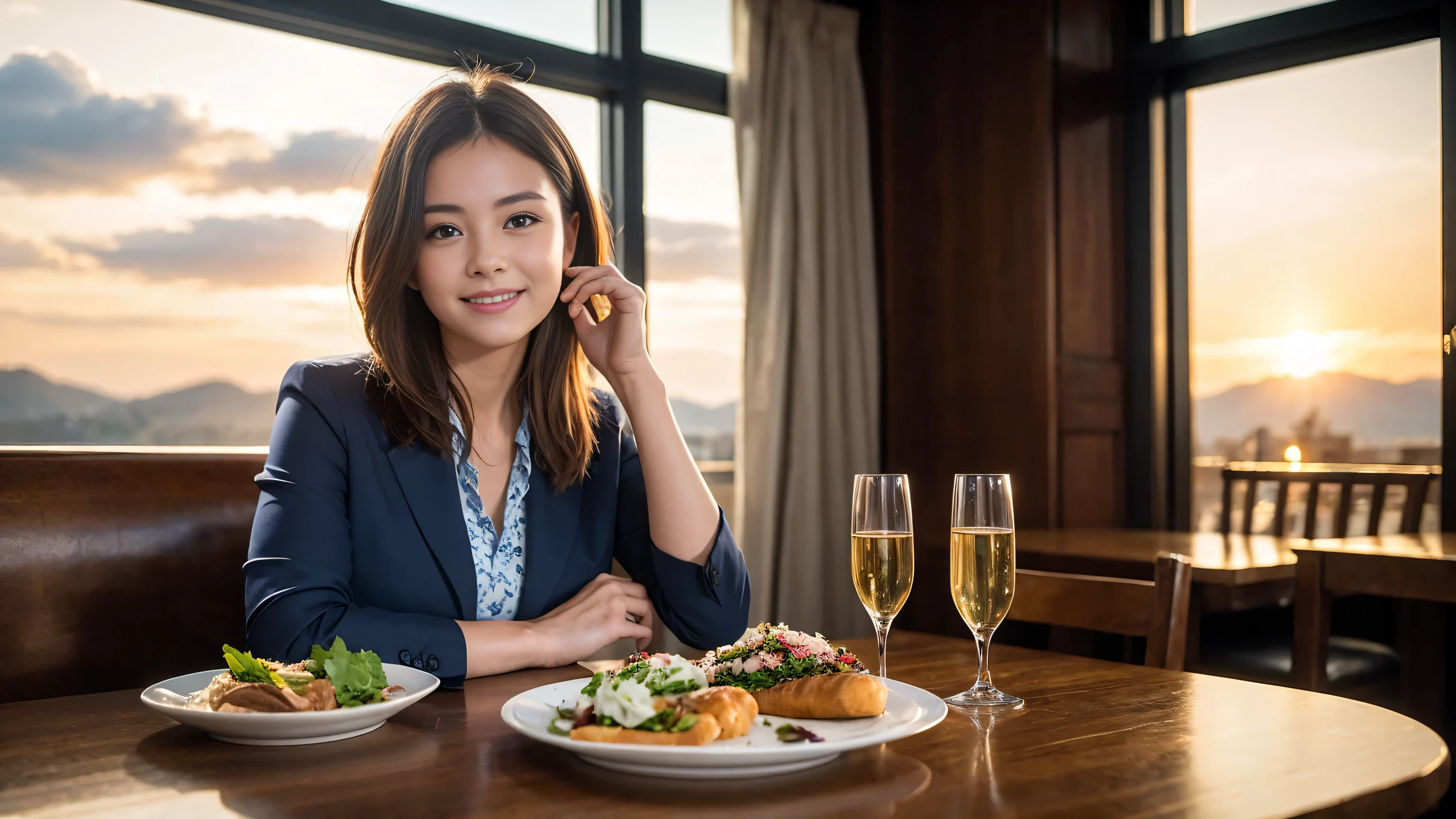 ((highest quality、8k、masterpiece:1.3))、Sharp focus:1.2、Beautiful woman perfect body:1.4、Slim body、((Bob Hale、Straight hair:1.2))、(to be born, highest quality, masterpiece:1.5), (Realistic, Intricate details:1.2), Ultra-high resolution, Facial Lighting、Amazing view of the sunset sky and clouds、Amazing mountain views、A bright smile、wine glass、red wine 、Appetizers、Italian food、Wine bottle、Champagne、sparkling wine、, Beautiful Face, blue eyes, The light shines on your face, Blushing, short hair,Bright Face、Fox face、 (36 years old), 39 years old, Lady、Two beauties、Brown Hair、Shortcuts、Long sleeve shirt、dress、Pretty Woman 1, (Slim face), (The body is slim), (Brown Hair), (Shortcuts), cheeks turn a little red,Attractive beauty、, Out of the window, A beautiful and detailed night view unfolds.........., restaurant, In a prominent place (From the waist up) Nova Frog Style, actress, model, Upper Body, White wine, slim, wine glass, Wine glass placed in the center, smile, (smile: 1.15), Beautiful fine grain, Depth f/2,saturation, High Contrast, Strong light and shadow,Moist Body:1.5、3D texture、Delicate eyes、Brown Hair、The hair is very shiny、