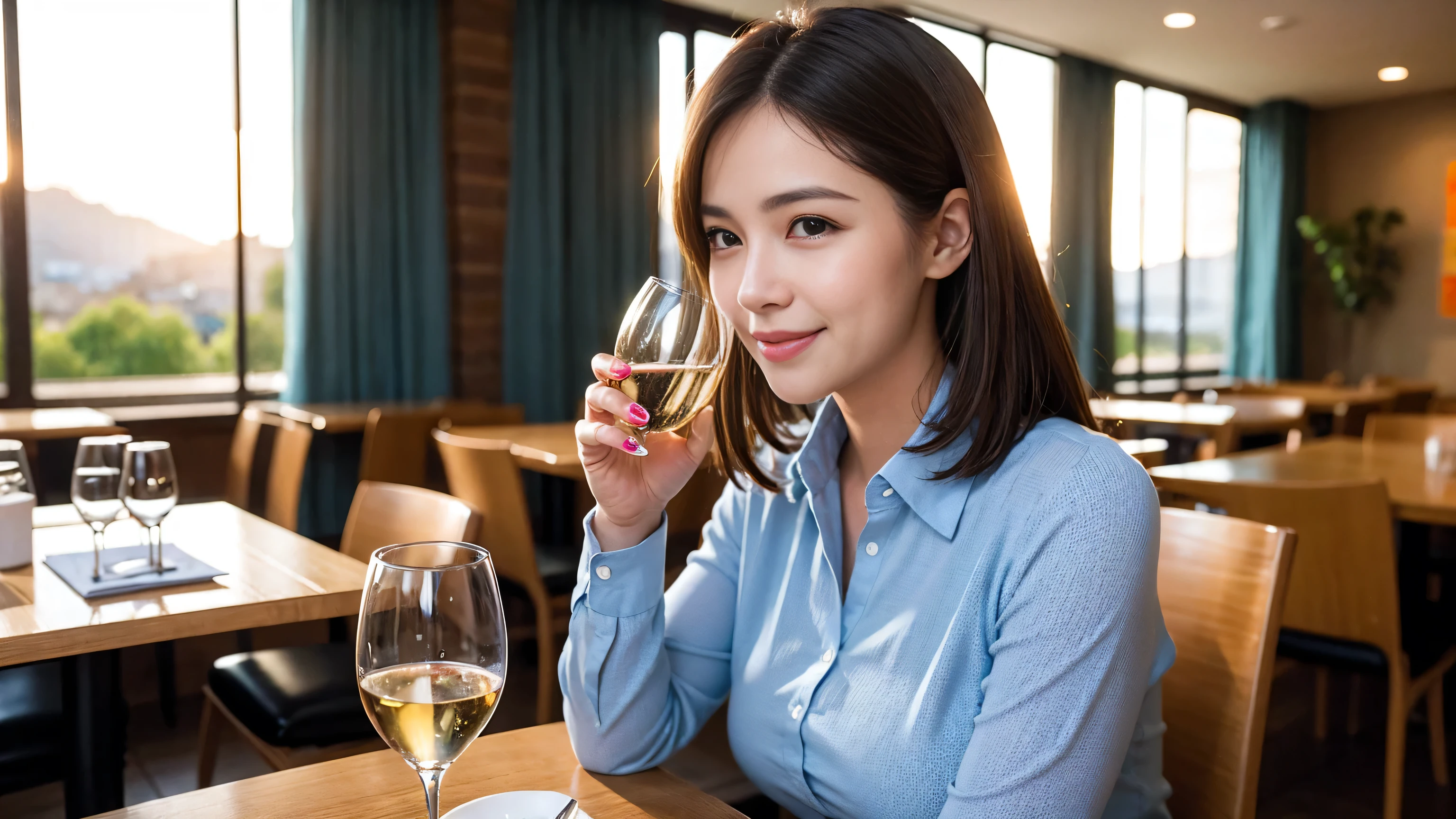 ((highest quality、8k、masterpiece:1.3))、Sharp focus:1.2、Beautiful woman perfect body:1.4、Slim body、((Bob Hale、Straight hair:1.2))、(to be born, highest quality, masterpiece:1.5), (Realistic, Intricate details:1.2), Ultra-high resolution, Facial Lighting、Amazing view of the sunset sky and clouds、Amazing mountain views、A bright smile、wine glass、red wine 、Appetizers、Italian food、Wine bottle、Champagne、sparkling wine、, Beautiful Face, blue eyes, The light shines on your face, Blushing, short hair,Bright Face、Fox face、 (36 years old), 39 years old, Lady、Two beauties、Brown Hair、Shortcuts、Long sleeve shirt、dress、Pretty Woman 1, (Slim face), (The body is slim), (Brown Hair), (Shortcuts), cheeks turn a little red,Attractive beauty、, Out of the window, A beautiful and detailed night view unfolds.........., restaurant, In a prominent place (From the waist up) Nova Frog Style, actress, model, Upper Body, White wine, slim, wine glass, Wine glass placed in the center, smile, (smile: 1.15), Beautiful fine grain, Depth f/2,saturation, High Contrast, Strong light and shadow,Moist Body:1.5、3D texture、Delicate eyes、Brown Hair、The hair is very shiny、