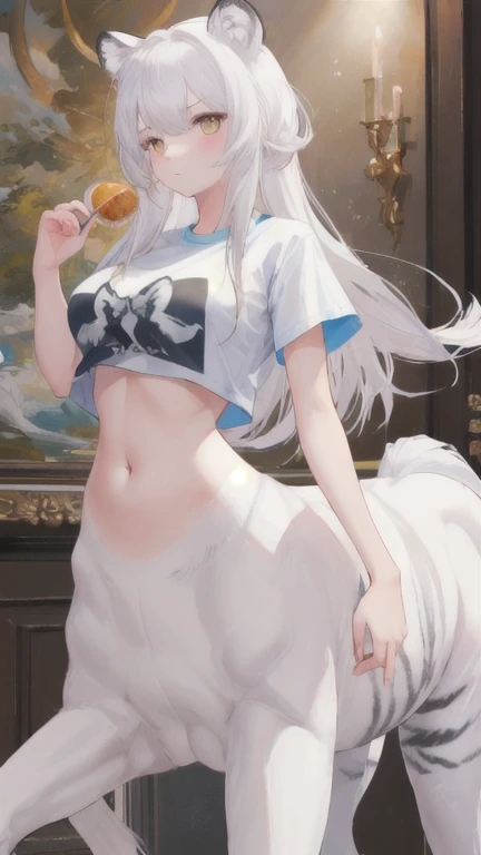 (best quality, masterpiece), 1 girl, centaur, It takes, belly button t-shirt, beautiful girl perfect white tiger photo, perfect white tiger photo