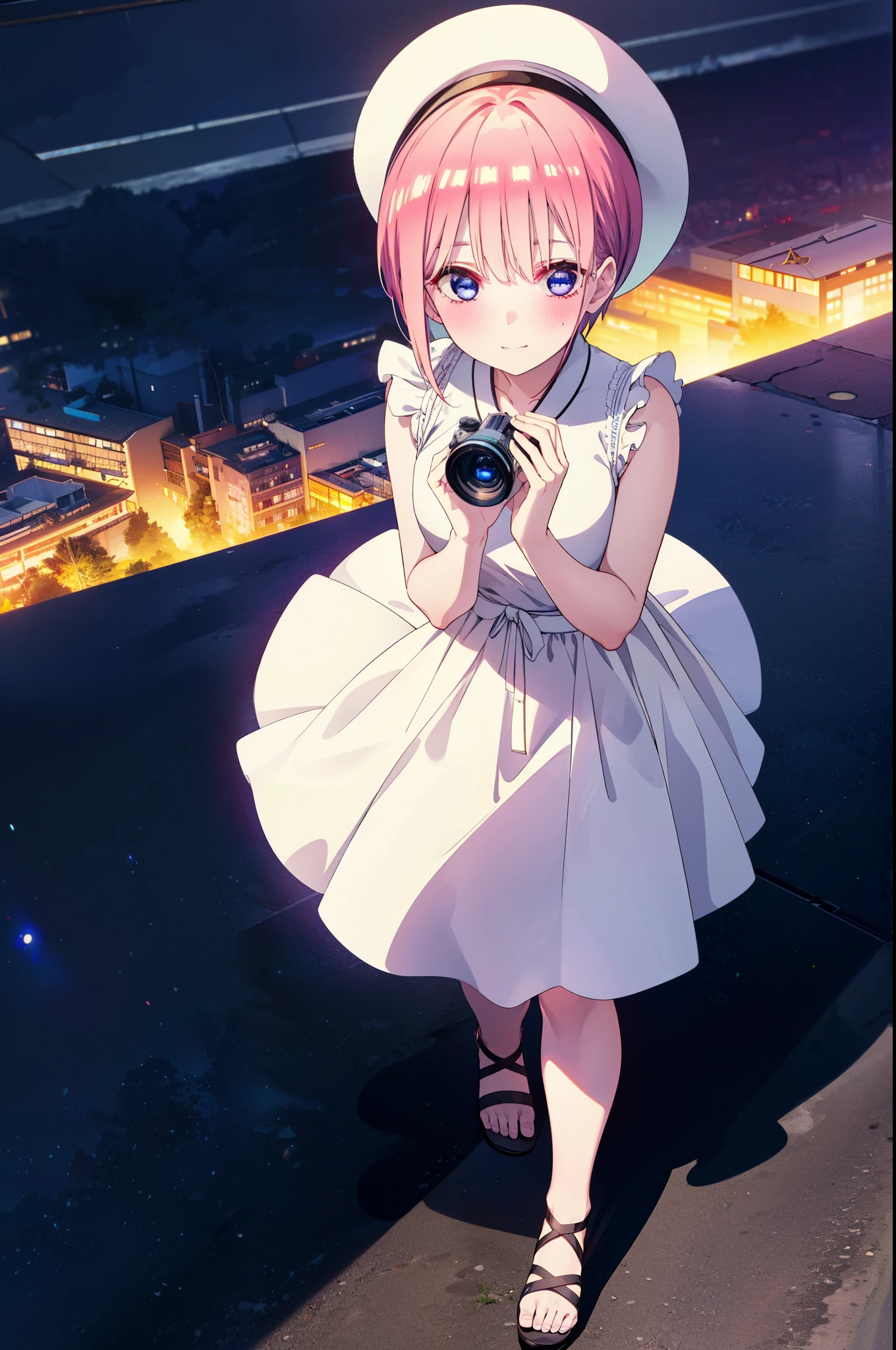ichikanakano, ichika nakano, short hair, bangs, blue eyes, Hair between the eyes, Pink Hair, Big white hat,smile,Sleeveless white dress,Bare arms,White long skirt,Cute heeled sandals,whole bodyがイラストに入るように,Looking down from above,walk,moonlight,night,ロマンチックなnight景,Starry Sky,shooting star,Looking down from above,look up, aerial photograph, night中, Starry Sky, shooting star, Beautiful sky, octance, Realistic lighting and shadows ,
break outdoors, hill,
break looking at viewer, whole body,
break (masterpiece:1.2), highest quality, High resolution, unity 8k wallpaper, (shape:0.8), (Beautiful details:1.6), Highly detailed face, Perfect lighting, Highly detailed CG, (Perfect hands, Perfect Anatomy),