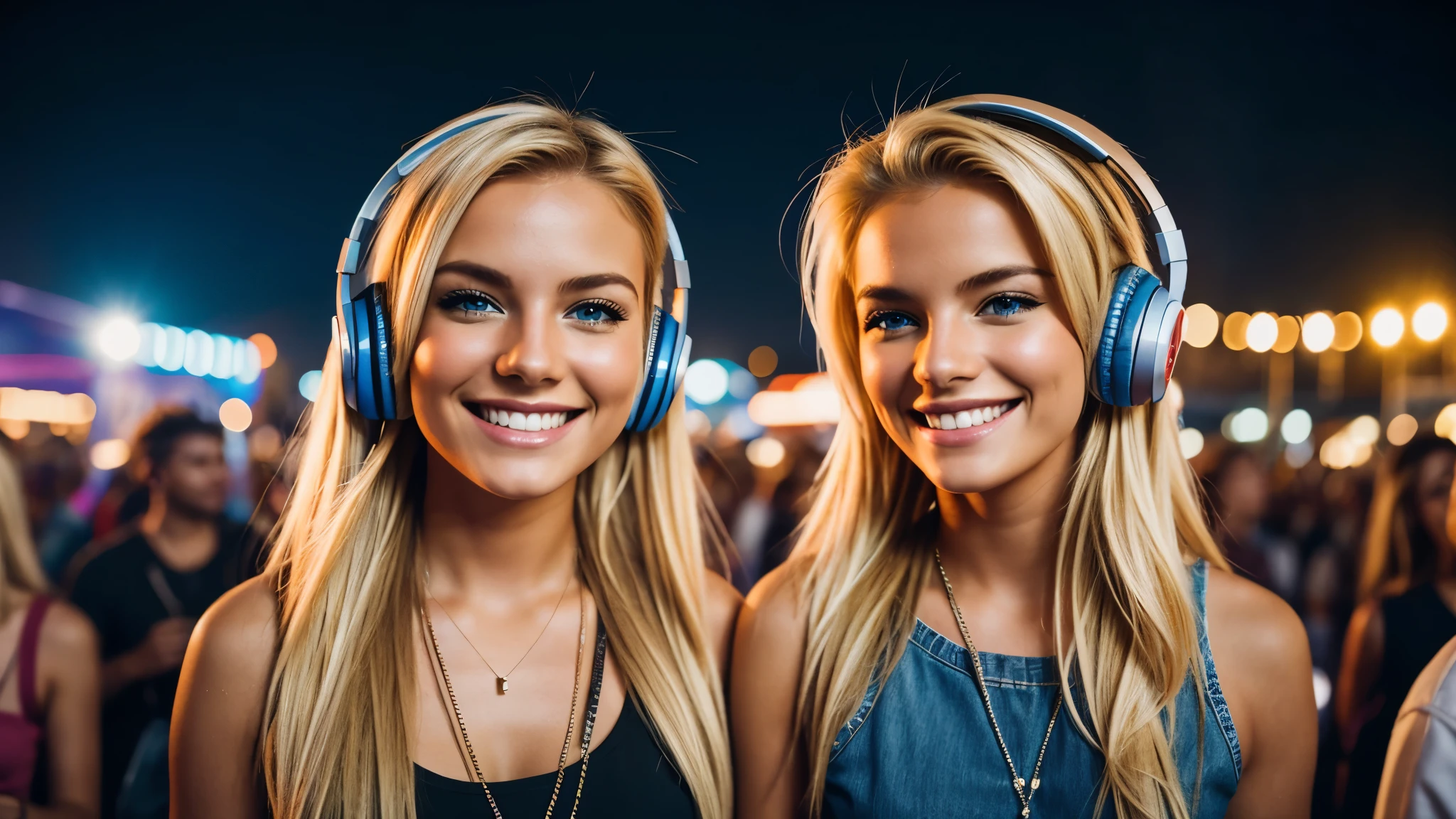 blond model on a festival beatiful colours with headphones, cinematic bokey, high quality smiling, at night