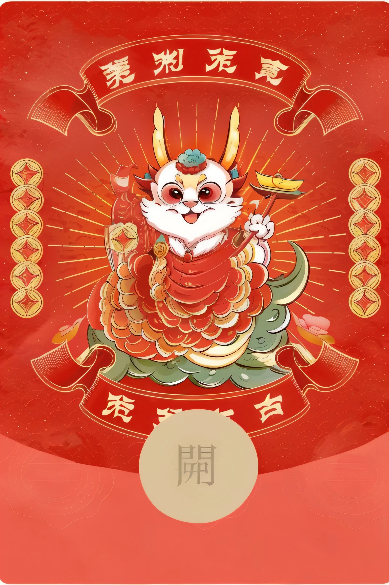 ((HRD, HUD, 8K)),((masterpiece, best quality)), highly detailed,text focus, cover, red theme, red background, monochrome,dragon, dragon horns, dragon claw, no humans, solo, looking at viewer, open mouth, food, blush stickers, flower, comic, new year, lantern, traditional youkai, 