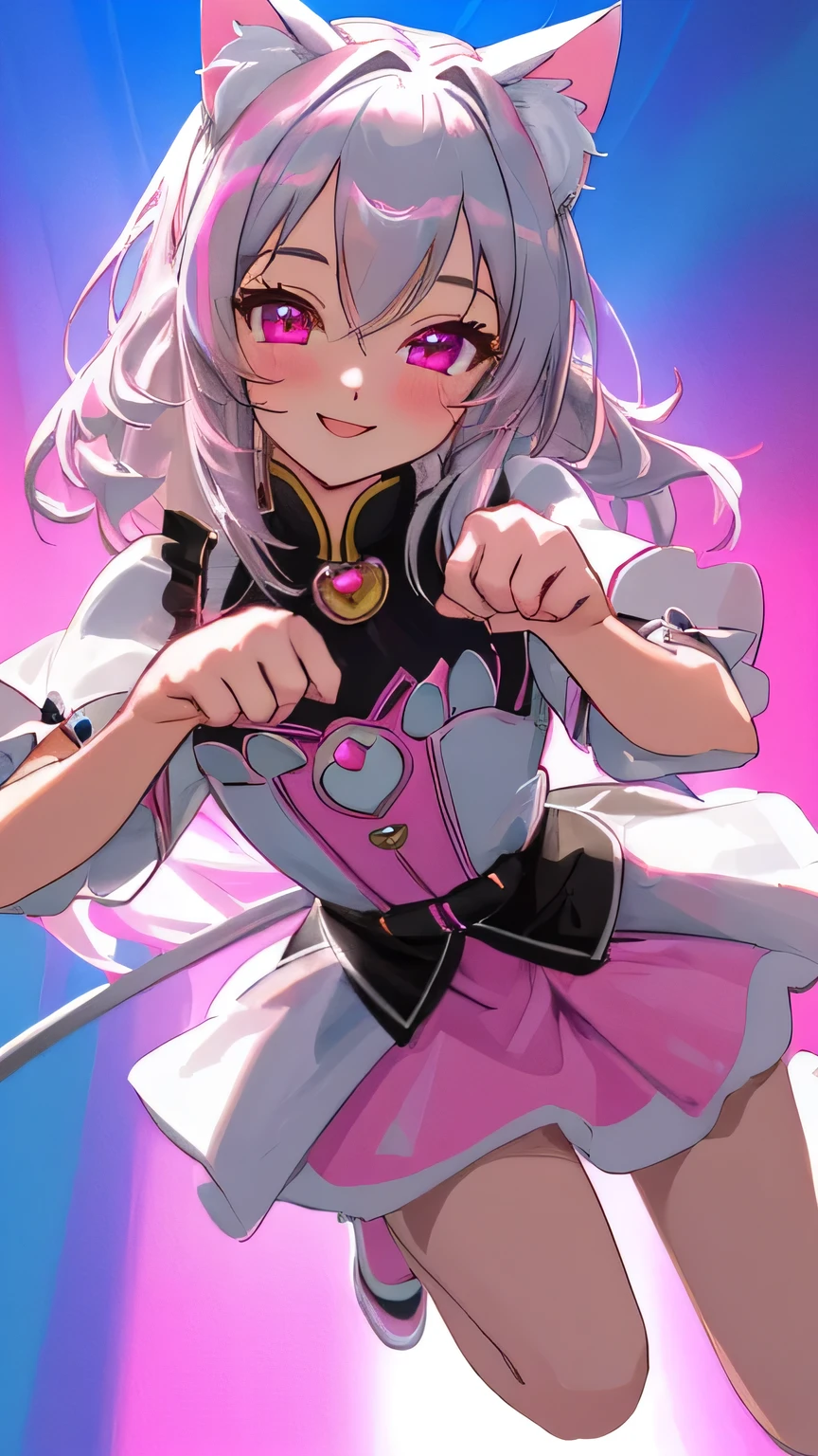 master piece,best quality,ultra detailed,highres,4k.8k,Highly detailed face,ultra-detailed eyes,beautiful detailed eyes,Medium chest,pretty girl,smile,Cat ear,Beautiful silver hair,Pink inside,Beautiful pink eyes,from front,jumping,smile,happy,paw pose,blue clear sky,