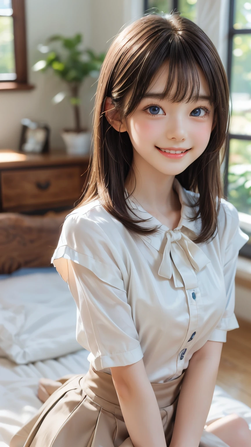 ((sfw: 1.4)), (( detailed face, cute face, detailed face, professional photography)), (((arms down) , (hands down) , master piece , best quality , highly detailed , standing , blouse, skirt , bangs ,( grin smile : 1.2), room , indoor)), (( Shiny platinum blonde silk hair, beautiful shiny bangs, big clear sky blue eyes, very beautiful bright eye highlights, 1 Girl)), Ultra High Resolution, (Realistic: 1.4), RAW Photo, Best Quality, (Photorealistic Stick), Focus, Soft Light, ((15 years old)), (( (young face))), (surface), (depth of field), masterpiece, (realistic), woman, bangs, ((1 girl))