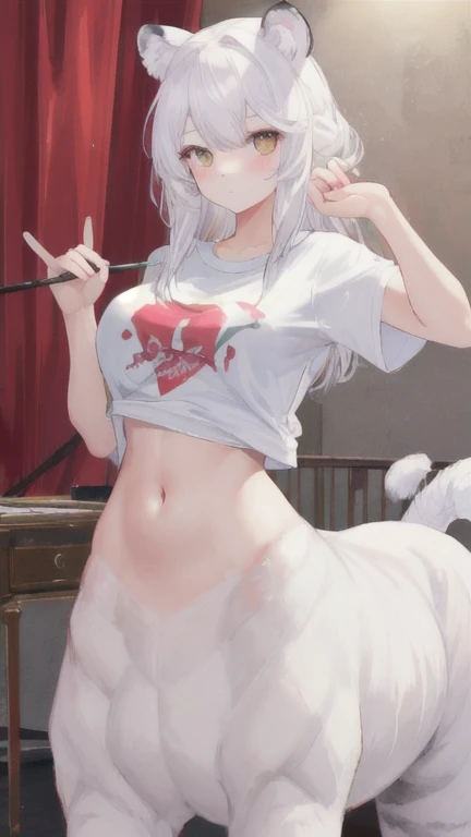 (best quality, masterpiece), 1 girl, centaur, It takes, belly button t-shirt, beautiful girl perfect white tiger photo, perfect white tiger photo