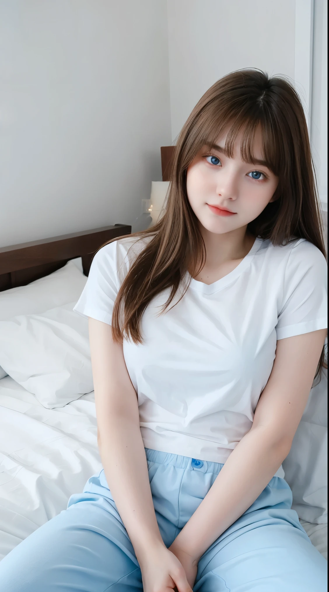 Gorgeus Girl, Beautiful, Baby Face, 20 Years Old, White Skin, Beside, Sexy Pose, white t-shirt, Blue Eye, Bokeh, bedroom Background, Masterpiece, Fullbody Shot, sleep pants,
