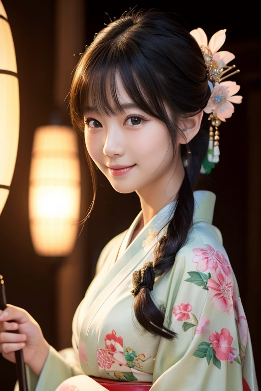 （kimono）、masterpiece、beautiful girl、Beautiful fine details、highest quality, 超A high resolution, (reality: 1.4), Cinema Lighting、(Japanese Girls)、so beautiful、Beautiful Skin、(Looking at the audience)、(Surreal)、(High resolution)、(8k)、(Very detailed)、(Beautiful details)、(Very detailed)、 (wallpaper)、Detailed face、Bright lighting、Professional Lighting、smile