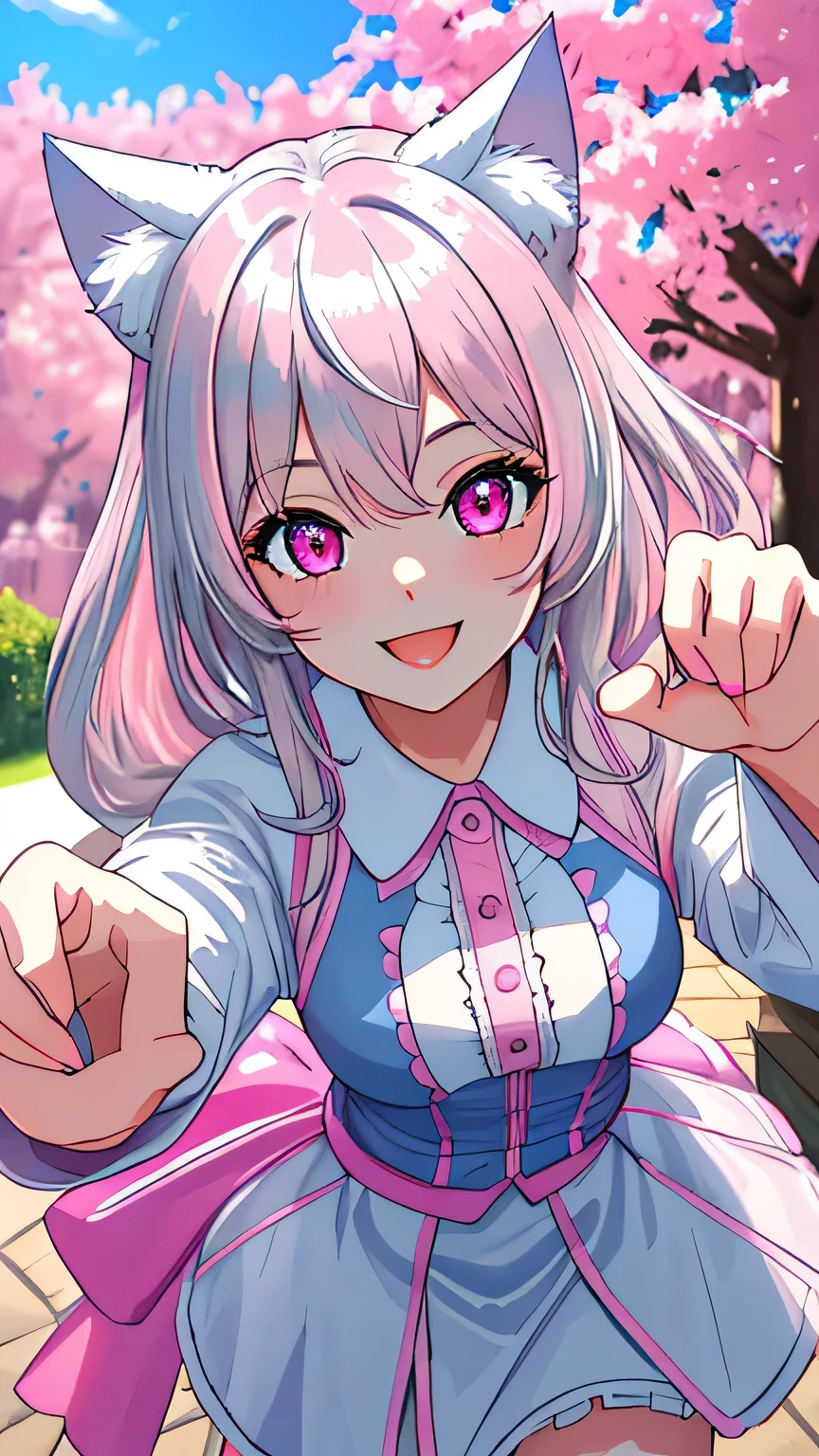 master piece,best quality,ultra detailed,highres,4k.8k,Highly detailed face,ultra-detailed eyes,beautiful detailed eyes,Medium chest,pretty girl,smile,Cat ear,Beautiful silver hair,Pink inside,Beautiful pink eyes,from front,jumping,smile,happy,paw pose,blue clear sky,