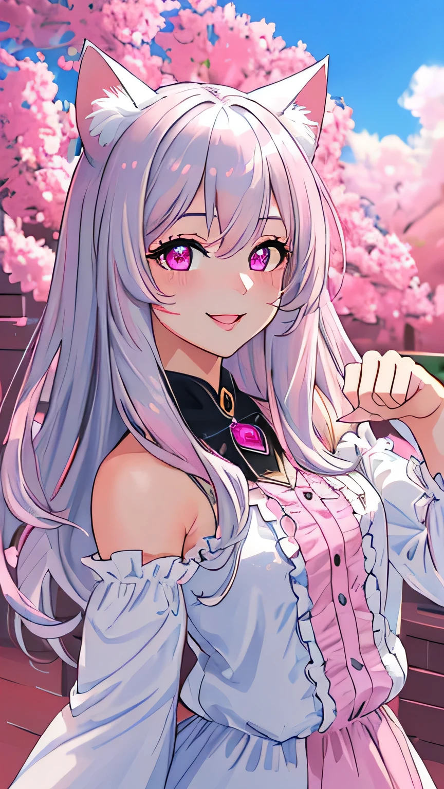 master piece,best quality,ultra detailed,highres,4k.8k,Highly detailed face,ultra-detailed eyes,beautiful detailed eyes,Medium chest,pretty girl,smile,Cat ear,Beautiful silver hair,Pink inside,Beautiful pink eyes,from front,jumping,smile,happy,paw pose,blue clear sky,