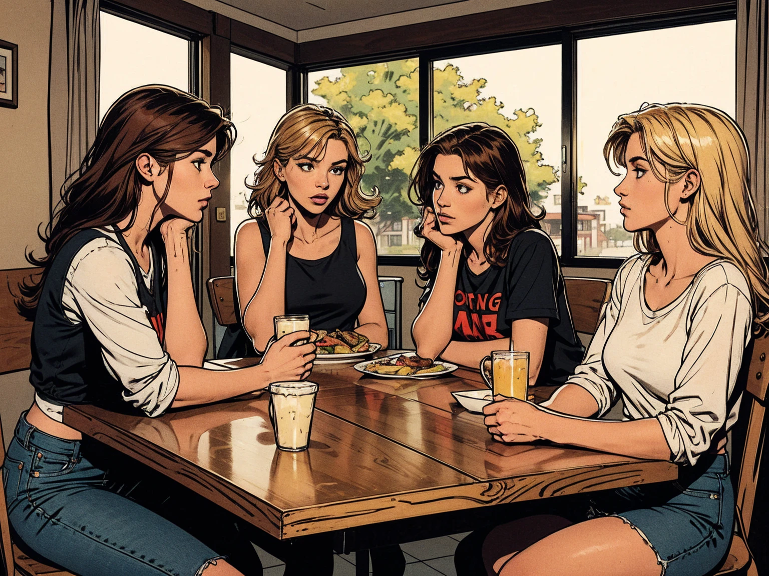 typical cheap college dining hall:1.2, morning light, sitting side-by-side:1.2,hooligan girls,chatting, gossip, modern ager outfit, blond, black-haired, red-haired, simple square table,