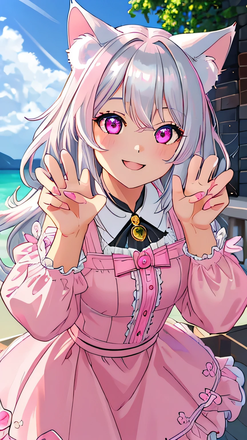 master piece,best quality,ultra detailed,highres,4k.8k,Highly detailed face,ultra-detailed eyes,beautiful detailed eyes,Medium chest,pretty girl,smile,Cat ear,Beautiful silver hair,Pink inside,Beautiful pink eyes,from front,jumping,smile,happy,paw pose,blue clear sky,