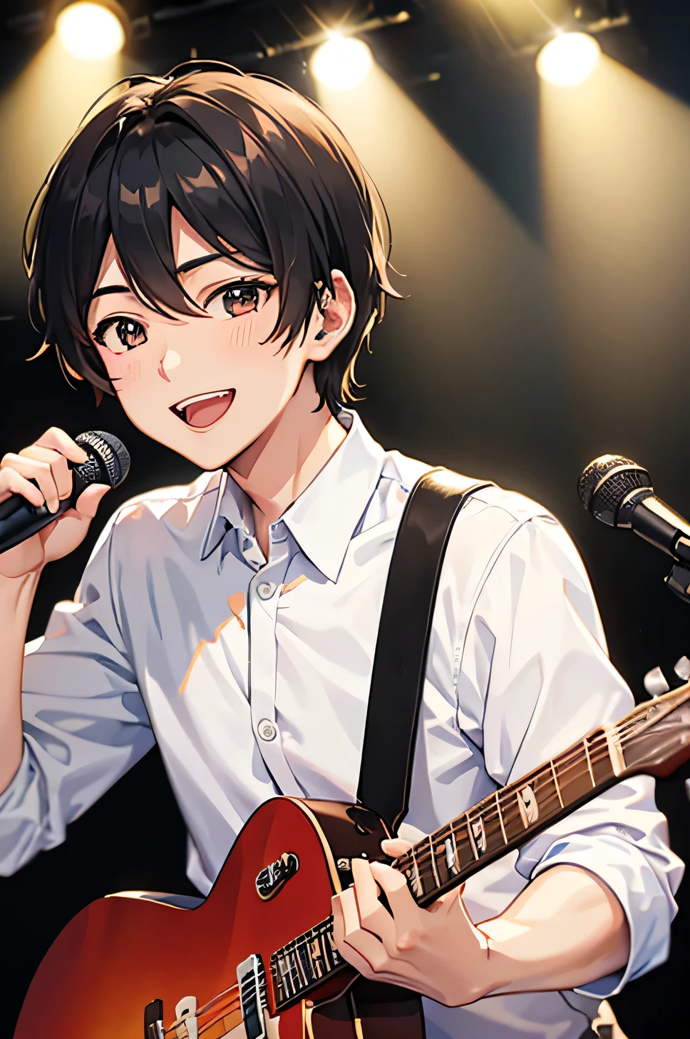 live、band、guitar、Stand microphone、Spotlight、Cheerale、Handsome、smile、White Shirt、White teeth、Black Hair、Half Up、Sweat